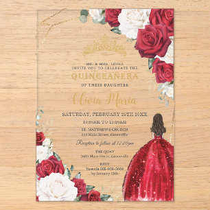 Invitations En Acrylique Robe de princesse florale rouge et blanche pour Qu