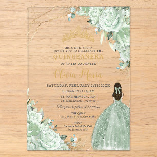 Invitations En Acrylique Robe de princesse florale vert sauge Quinceañera o