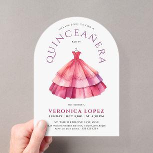Invitations En Acrylique Robe de princesse moderne blanche rose Quince aqua