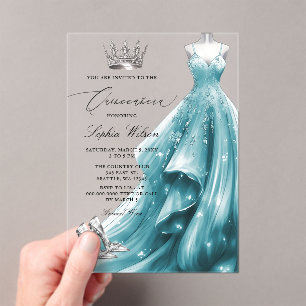 Invitations En Acrylique Robe de princesse Quinceañera sarcelle argentée