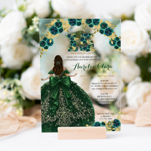 Invitations En Acrylique Robe de princesse verte florale Coquette Quinceane