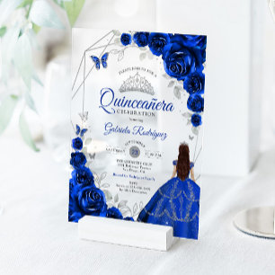 Invitations En Acrylique Robe de Quinceanera bleu royal argent floral
