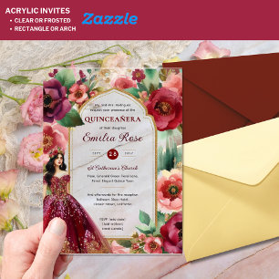 Invitations En Acrylique Robe de Quinceañera Bordeaux Rouge Or Fleurs de Qu
