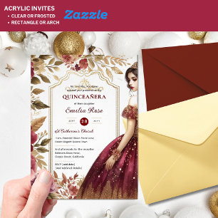 Invitations En Acrylique Robe de Quinceañera Bordeaux Rouge Or Fleurs de Qu