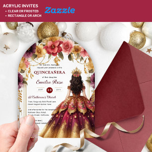Invitations En Acrylique Robe de Quinceañera Bourgogne Rouge Or Fleurs de Q