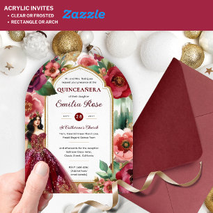Invitations En Acrylique Robe de Quinceañera Bourgogne Rouge Or Fleurs de Q