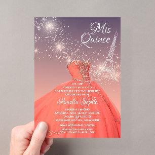 Invitations En Acrylique Robe de Quinceañera corail Tour Eiffel