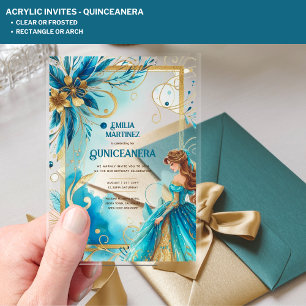 Invitations En Acrylique Robe de Quinceanera en acrylique sarcelle or flora