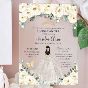 Invitations En Acrylique Robe de Quinceañera ivoire blanc Floral or Tiara