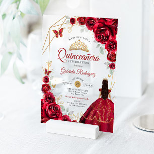 Invitations En Acrylique Robe de Quinceanera Roses Rouges Or Blanc