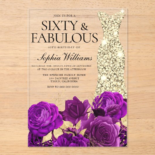 Invitations En Acrylique Robe d'or 60e anniversaire fête Fleur pourpre (Recto)