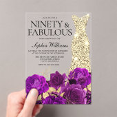 Invitations En Acrylique Robe d'or 90e anniversaire fête Fleur pourpre (In situ (ordinateur de poche))