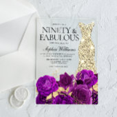 Invitations En Acrylique Robe d'or 90e anniversaire fête Fleur pourpre