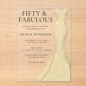 Invitations En Acrylique Robe d'or femmes 50e fête d'anniversaire (Recto)