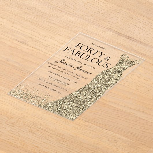 Invitations En Acrylique Robe d'or Fêtes de 40e anniversaire (Poser)