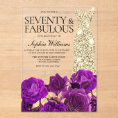 Invitations En Acrylique Robe d'or Fleurs violettes 70e fête d'anniversaire (Recto)
