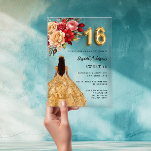 Invitations En Acrylique Robe d'or rouge floraux rose clair