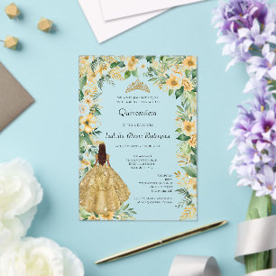 Invitations En Acrylique Robe dorée florale élégante formelle Quinceanera