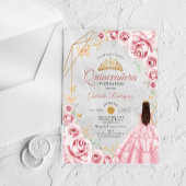 Invitations En Acrylique Robe dorée rose de Quinceanera florale
