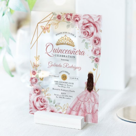 Invitations En Acrylique Robe dorée rose de Quinceanera florale