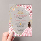 Invitations En Acrylique Robe dorée rose de Quinceanera florale (In situ (ordinateur de poche))