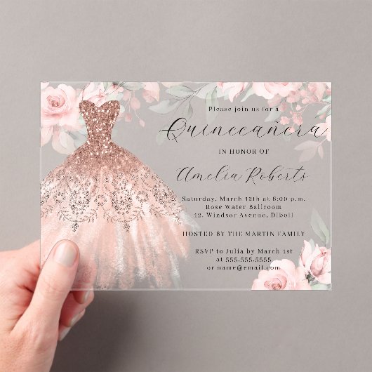 Invitations En Acrylique Robe Élégante Rose or Quinceanera (In situ (ordinateur de poche))