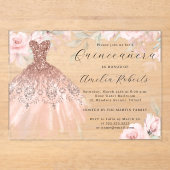 Invitations En Acrylique Robe Élégante Rose or Quinceanera (Recto)