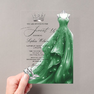 Invitations En Acrylique Robe émeraude argentée Princesse Douce 16