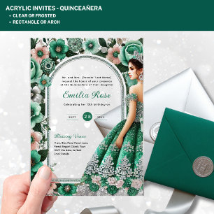 Invitations En Acrylique Robe émeraude verte en acrylique pour Quinceañera