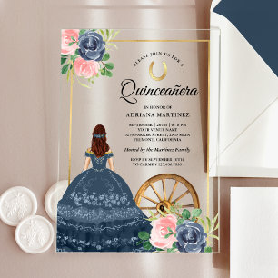 Invitations En Acrylique Robe Fleurie Bleu Marine Charro Or Quinceanera