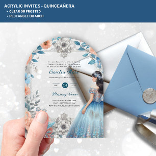 Invitations En Acrylique Robe Fleurie Bleue Argentée Acrylique pour Quincea