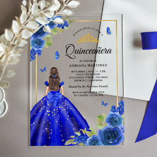 Invitations En Acrylique Robe Fleurie Bleue Royale Papillon Quinceanera