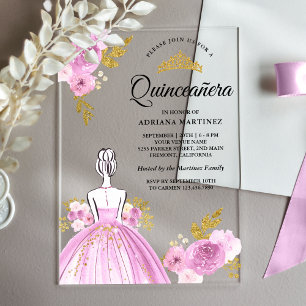 Invitations En Acrylique Robe Fleurie Violette Princesse Or Quinceanera