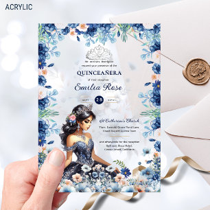 Invitations En Acrylique Robe Fleurs Bleu Nuit Péché Argent pour Quinceañer