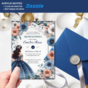 Invitations En Acrylique Robe Fleurs Bleu Nuit Péché Argent pour Quinceañer