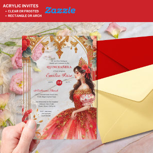 Invitations En Acrylique Robe Fleurs de Mis Quince Red Gold Quinceañera