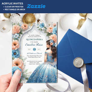Invitations En Acrylique Robe Fleurs Dusty Blue Peach Argent pour Quinceañe