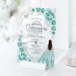 Invitations En Acrylique Robe florale argent turquoise pour Quinceanera