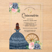 Invitations En Acrylique Robe florale bleu marine Charro Gold Quinceanera (Recto)