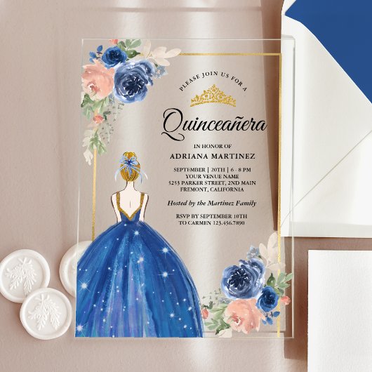 Invitations En Acrylique Robe Florale Bleue Royale Princesse Gold Quinceane