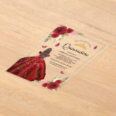 Invitations En Acrylique Robe Florale Bourgogne papillon Quinceanera (Poser)