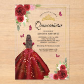 Invitations En Acrylique Robe Florale Bourgogne papillon Quinceanera (Recto)
