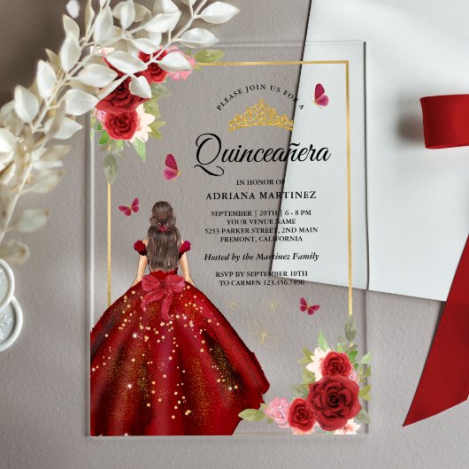 Invitations En Acrylique Robe Florale Bourgogne papillon Quinceanera
