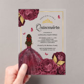 Invitations En Acrylique Robe Florale d'or de Bourgogne papillon Quinceaner (In situ (ordinateur de poche))