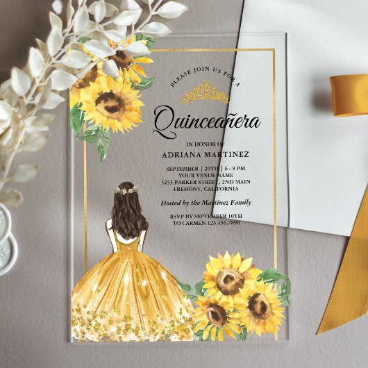 Invitations En Acrylique Robe florale jaune Fleurs de soleil Quinceanera or