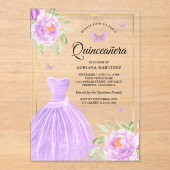 Invitations En Acrylique Robe florale lavande papillon Or Quinceanera (Recto)