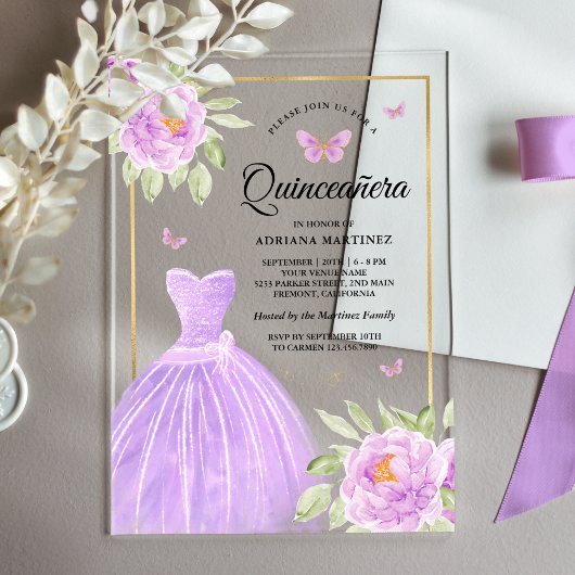 Invitations En Acrylique Robe florale lavande papillon Or Quinceanera