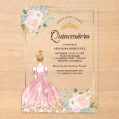 Invitations En Acrylique Robe florale rose pâle Princesse Quinceanera Or (Recto)