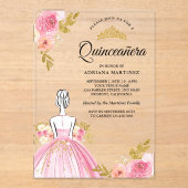 Invitations En Acrylique Robe Florale rose Princesse Or Quinceanera (Recto)