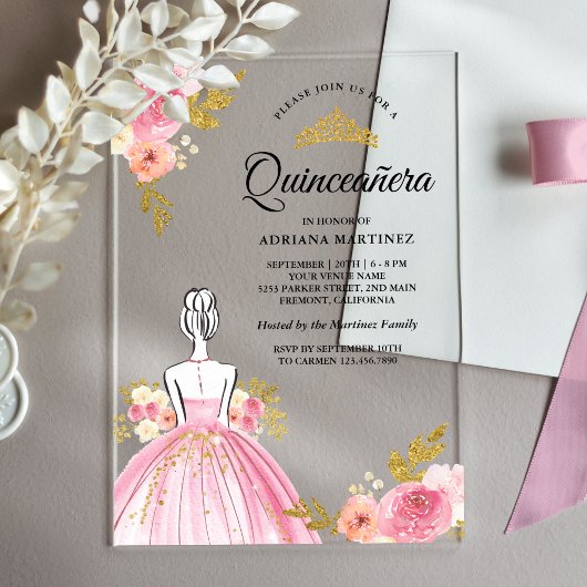Invitations En Acrylique Robe Florale rose Princesse Or Quinceanera